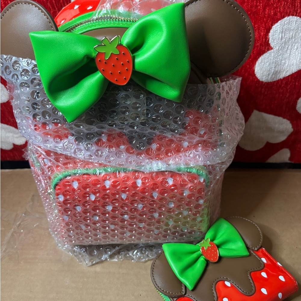 Chocolate dipped strawberry loungefly backpack and wallet set